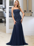 Janae Trumpet/Mermaid Square Neckline Sweep Train Tulle Prom Dresses With Lace Sequins UKP0014501