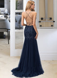 Janae Trumpet/Mermaid Square Neckline Sweep Train Tulle Prom Dresses With Lace Sequins UKP0014501