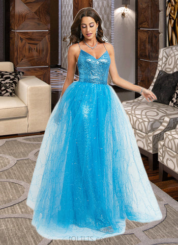 Anaya Ball-Gown/Princess V-neck Floor-Length Tulle Prom Dresses With Sequins UKP0014502