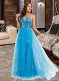 Anaya Ball-Gown/Princess V-neck Floor-Length Tulle Prom Dresses With Sequins UKP0014502