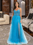 Anaya Ball-Gown/Princess V-neck Floor-Length Tulle Prom Dresses With Sequins UKP0014502