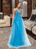 Anaya Ball-Gown/Princess V-neck Floor-Length Tulle Prom Dresses With Sequins UKP0014502