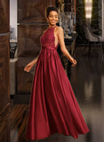 Kinley Ball-Gown/Princess Halter Floor-Length Satin Prom Dresses With Sequins UKP0014503