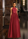 Kinley Ball-Gown/Princess Halter Floor-Length Satin Prom Dresses With Sequins UKP0014503