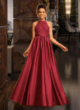 Kinley Ball-Gown/Princess Halter Floor-Length Satin Prom Dresses With Sequins UKP0014503