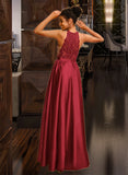 Kinley Ball-Gown/Princess Halter Floor-Length Satin Prom Dresses With Sequins UKP0014503