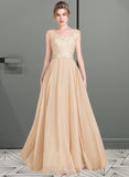 Kiara A-Line V-neck Floor-Length Chiffon Lace Prom Dresses UKP0014505