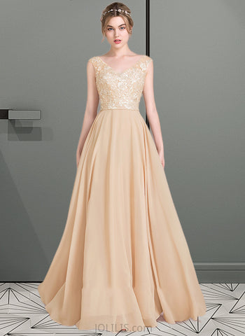 Kiara A-Line V-neck Floor-Length Chiffon Lace Prom Dresses UKP0014505