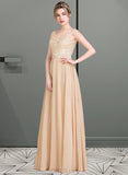 Kiara A-Line V-neck Floor-Length Chiffon Lace Prom Dresses UKP0014505