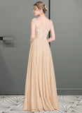 Kiara A-Line V-neck Floor-Length Chiffon Lace Prom Dresses UKP0014505