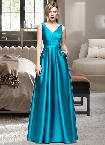 Corinne Ball-Gown/Princess V-neck Floor-Length Satin Prom Dresses With Ruffle Pockets UKP0014508