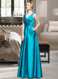 Corinne Ball-Gown/Princess V-neck Floor-Length Satin Prom Dresses With Ruffle Pockets UKP0014508