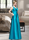 Corinne Ball-Gown/Princess V-neck Floor-Length Satin Prom Dresses With Ruffle Pockets UKP0014508