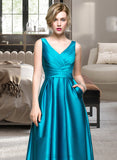 Corinne Ball-Gown/Princess V-neck Floor-Length Satin Prom Dresses With Ruffle Pockets UKP0014508