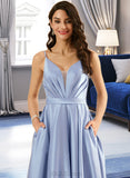 Sophie Ball-Gown/Princess V-neck Floor-Length Satin Prom Dresses With Ruffle Pockets UKP0014510