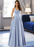 Sophie Ball-Gown/Princess V-neck Floor-Length Satin Prom Dresses With Ruffle Pockets UKP0014510