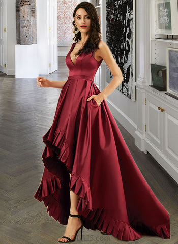 Ainsley Ball-Gown/Princess V-neck Asymmetrical Satin Prom Dresses With Pockets UKP0014511