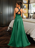 Marely Ball-Gown/Princess Halter Sweep Train Satin Prom Dresses With Bow(s) UKP0014513