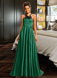 Marely Ball-Gown/Princess Halter Sweep Train Satin Prom Dresses With Bow(s) UKP0014513