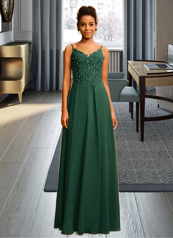 Erika A-Line V-neck Floor-Length Chiffon Prom Dresses With Lace Beading Sequins UKP0014515