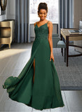 Erika A-Line V-neck Floor-Length Chiffon Prom Dresses With Lace Beading Sequins UKP0014515