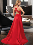 Jennifer Ball-Gown/Princess V-neck Sweep Train Satin Prom Dresses With Split Front UKP0014521