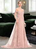 Elisabeth A-Line Off-the-Shoulder Sweep Train Chiffon Tulle Prom Dresses With Sequins UKP0014523