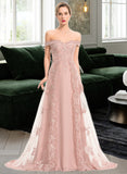 Elisabeth A-Line Off-the-Shoulder Sweep Train Chiffon Tulle Prom Dresses With Sequins UKP0014523