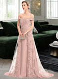 Elisabeth A-Line Off-the-Shoulder Sweep Train Chiffon Tulle Prom Dresses With Sequins UKP0014523