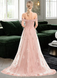 Elisabeth A-Line Off-the-Shoulder Sweep Train Chiffon Tulle Prom Dresses With Sequins UKP0014523