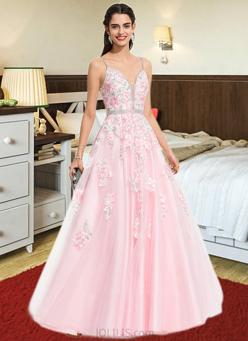 Shannon Ball-Gown/Princess V-neck Floor-Length Tulle Prom Dresses With Beading Sequins UKP0014524