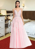 Shannon Ball-Gown/Princess V-neck Floor-Length Tulle Prom Dresses With Beading Sequins UKP0014524