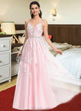 Shannon Ball-Gown/Princess V-neck Floor-Length Tulle Prom Dresses With Beading Sequins UKP0014524