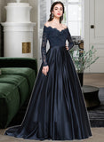 Sienna Ball-Gown/Princess Off-the-Shoulder Sweep Train Satin Prom Dresses With Beading UKP0014525