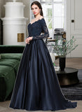 Sienna Ball-Gown/Princess Off-the-Shoulder Sweep Train Satin Prom Dresses With Beading UKP0014525