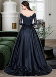 Sienna Ball-Gown/Princess Off-the-Shoulder Sweep Train Satin Prom Dresses With Beading UKP0014525