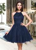 Jamya A-Line/Princess Scoop Neck Short/Mini Prom Dresses With Beading Sequins Bow(s) Pleated UKP0014527