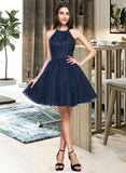 Jamya A-Line/Princess Scoop Neck Short/Mini Prom Dresses With Beading Sequins Bow(s) Pleated UKP0014527