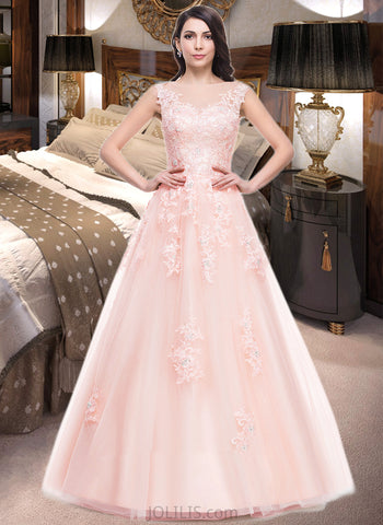 Janiah Ball-Gown/Princess Scoop Neck Floor-Length Tulle Prom Dresses With Beading Appliques Lace Sequins UKP0014528