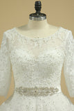 Scoop Mid-Length Sleeves Wedding Dresses A Line Tulle With Applique & Beads