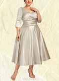 Gwendolyn A-Line V-neck Tea-Length Satin Mother of the Bride Dress With Ruffle UKP0014598