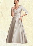 Gwendolyn A-Line V-neck Tea-Length Satin Mother of the Bride Dress With Ruffle UKP0014598