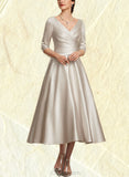 Gwendolyn A-Line V-neck Tea-Length Satin Mother of the Bride Dress With Ruffle UKP0014598