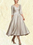 Gwendolyn A-Line V-neck Tea-Length Satin Mother of the Bride Dress With Ruffle UKP0014598