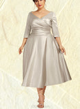 Gwendolyn A-Line V-neck Tea-Length Satin Mother of the Bride Dress With Ruffle UKP0014598