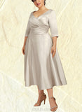 Gwendolyn A-Line V-neck Tea-Length Satin Mother of the Bride Dress With Ruffle UKP0014598