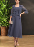 Ashtyn A-Line Square Neckline Tea-Length Chiffon Lace Mother of the Bride Dress With Beading UKP0014601