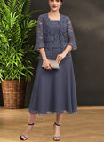 Ashtyn A-Line Square Neckline Tea-Length Chiffon Lace Mother of the Bride Dress With Beading UKP0014601