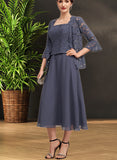 Ashtyn A-Line Square Neckline Tea-Length Chiffon Lace Mother of the Bride Dress With Beading UKP0014601