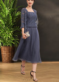 Ashtyn A-Line Square Neckline Tea-Length Chiffon Lace Mother of the Bride Dress With Beading UKP0014601